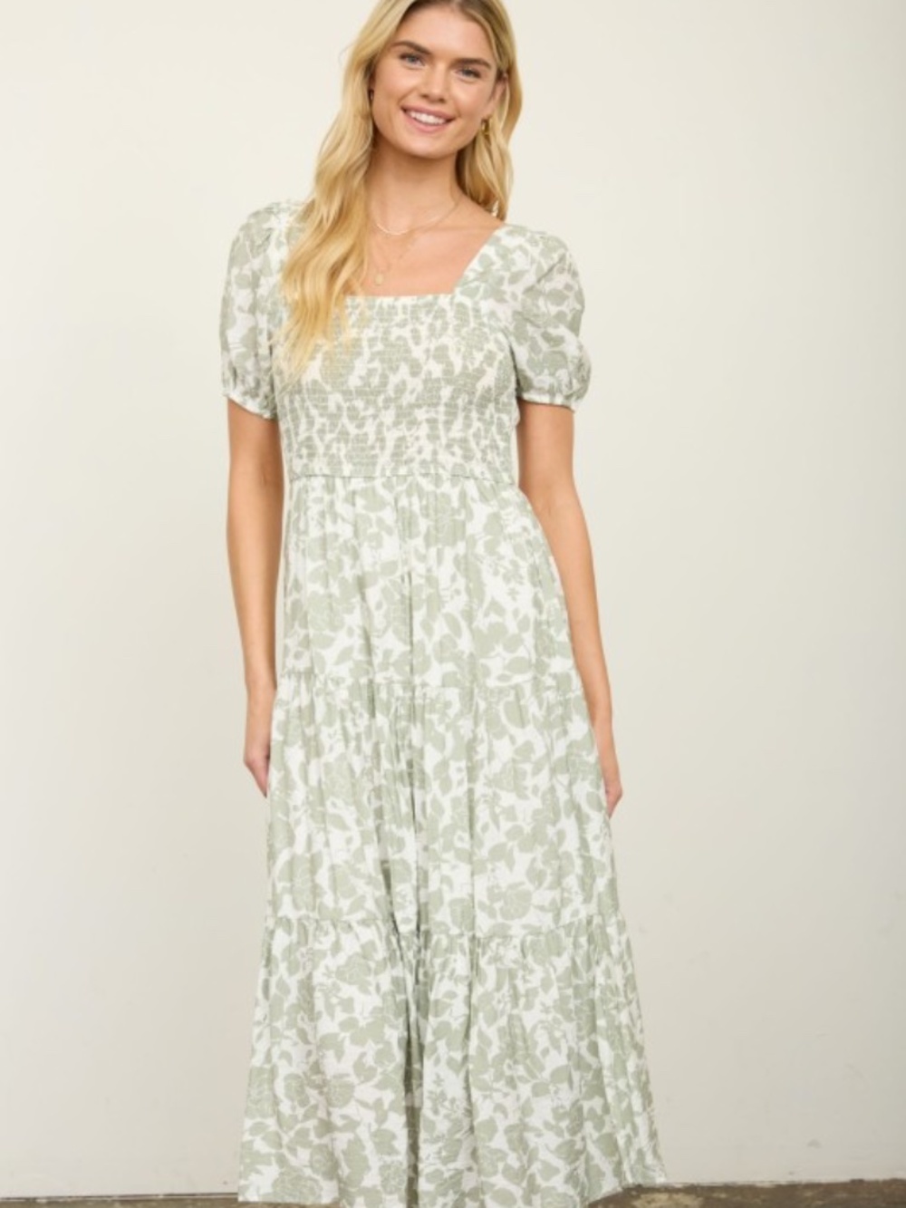 Floral Puff Sleeve Smocked Tiered Midi Dress